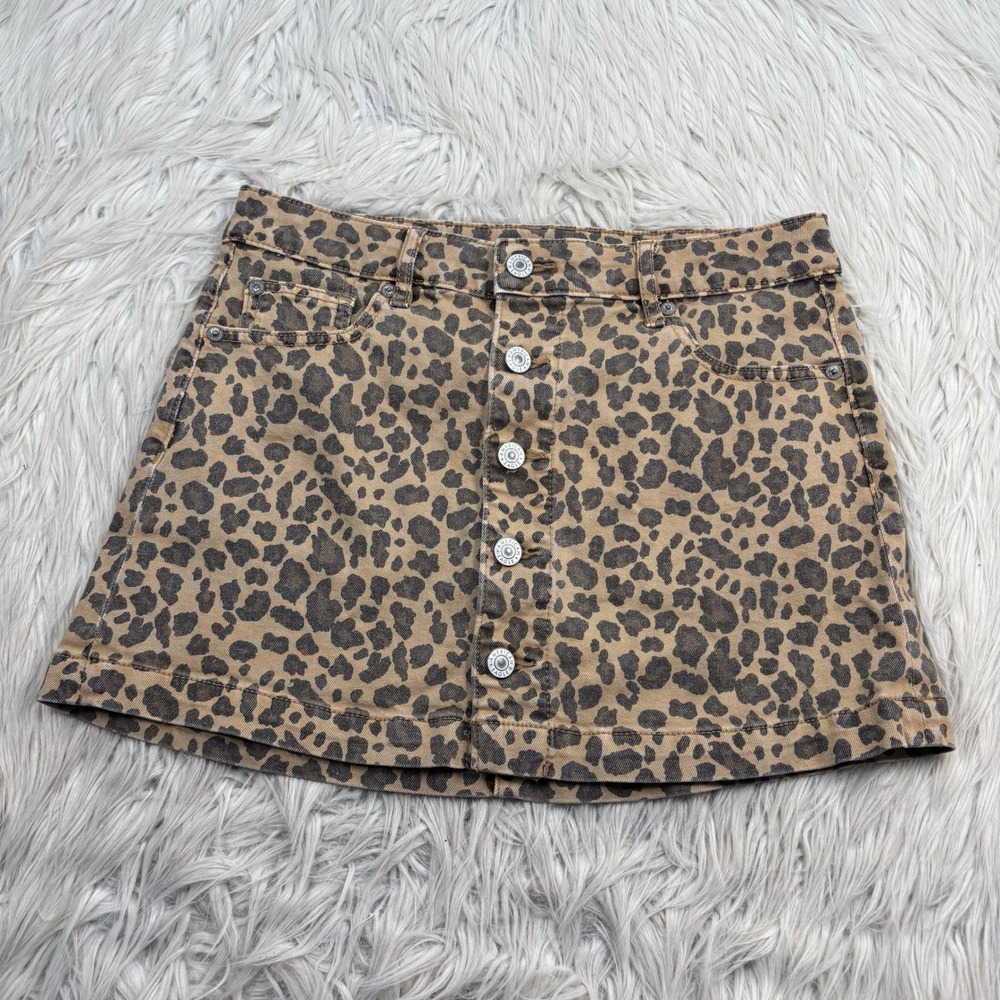 American Eagle Women's 0 Leopard Print Button Front Denim Mini Skirt Maximalist